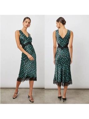 Rails Green Floral V-Neck Lace-Trim Midi Dress